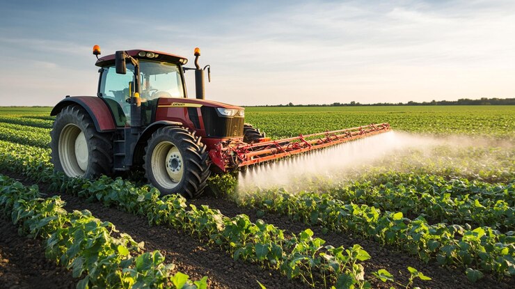 PSD tractor spraying crops in a vast field at sunset