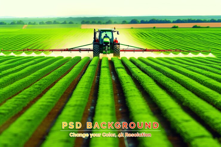 PSD tractor spraying pesticides on corn field with sprayer at spring
