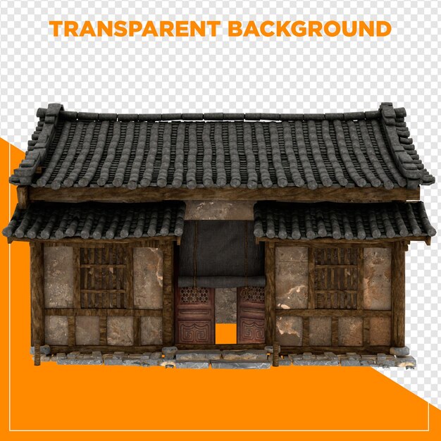 Traditional Asian House with Dark Roof and Wooden Structure with transparent background