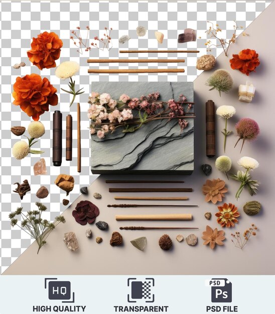 PSD traditional chinese medicine set flowers sticks and stones on a transparent background