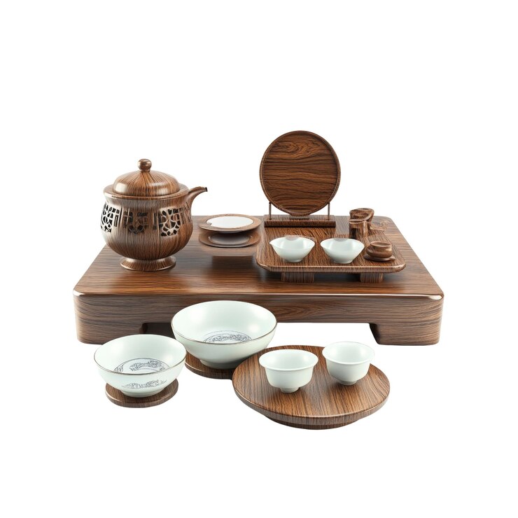 PSD 傳統的中國茶具擺在木製桌上
