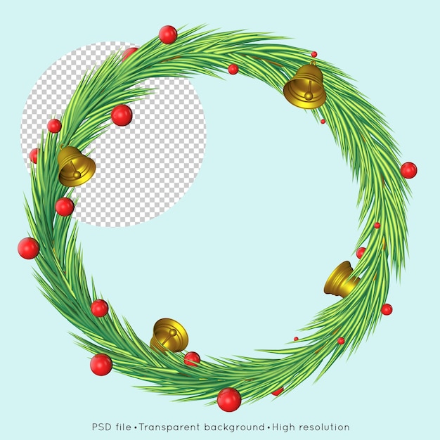 Traditional christmas wreath with golden  bells and  on a transparent background 3d render