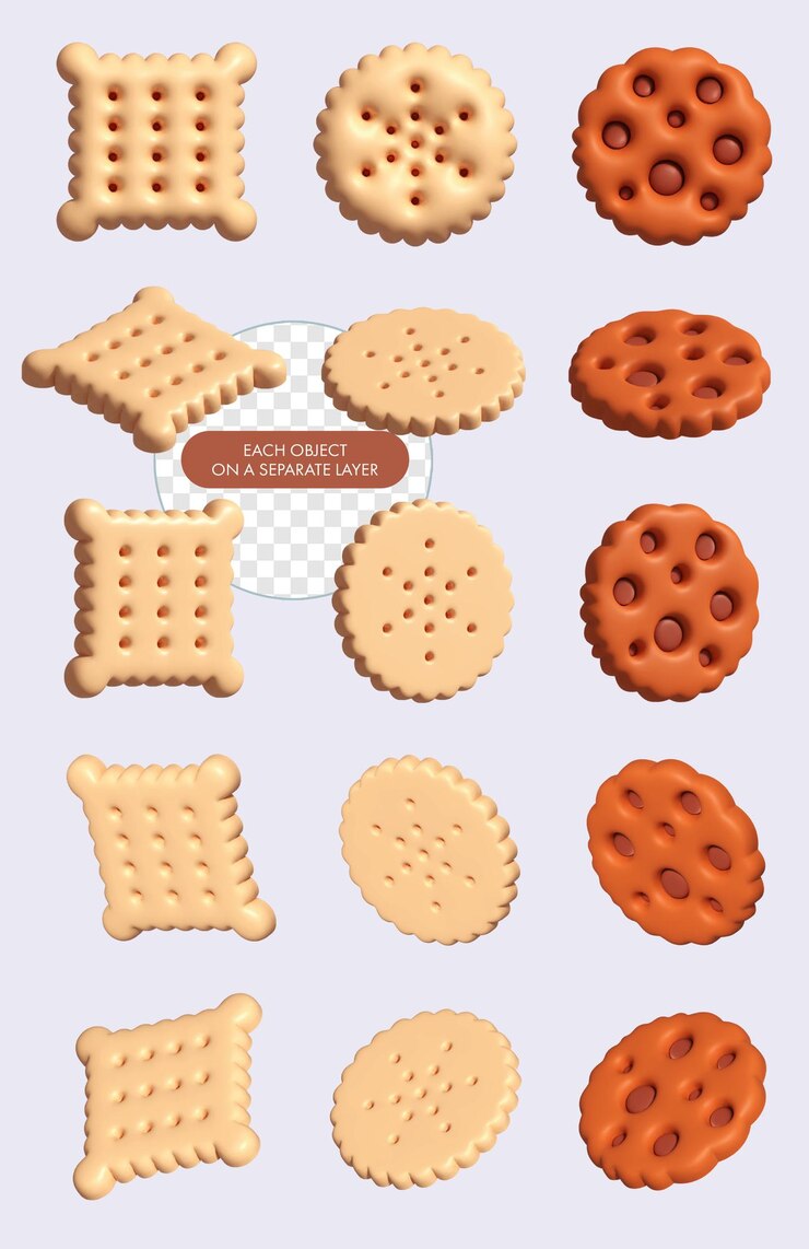 PSD チョコレートチップスと伝統的なクッキー 異なる角度 3dイラスト クリップアート カートゥーンスタイル