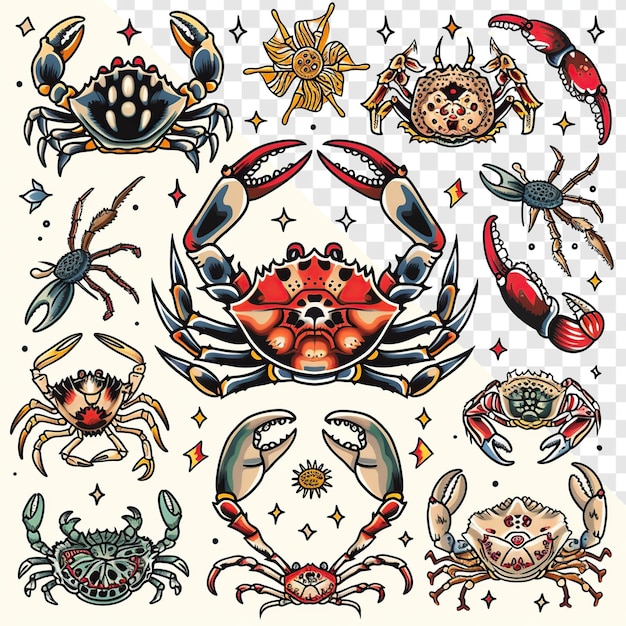 Traditional crab tattoo flash sheet design