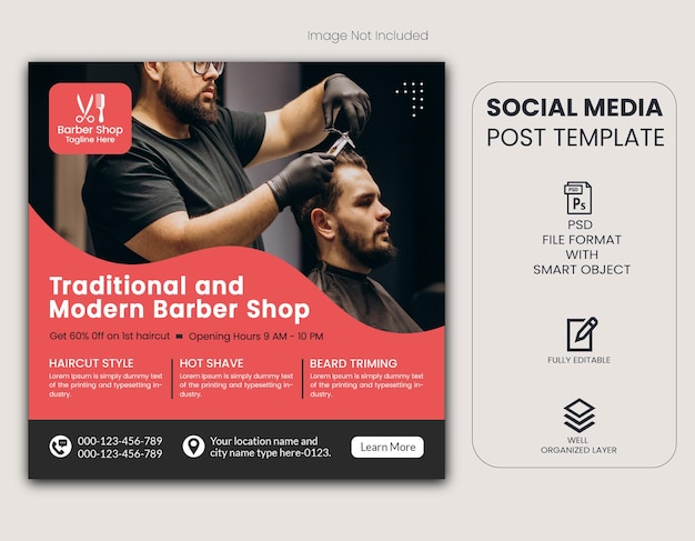 PSD traditional hairstyles barber shop social media post and web banner template