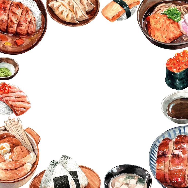 PSD 伝統的な日本料理 料理の種類 水彩画 手描きフレームデザイン