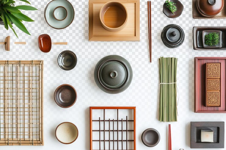 PSD traditional japanese household decor elements on white table