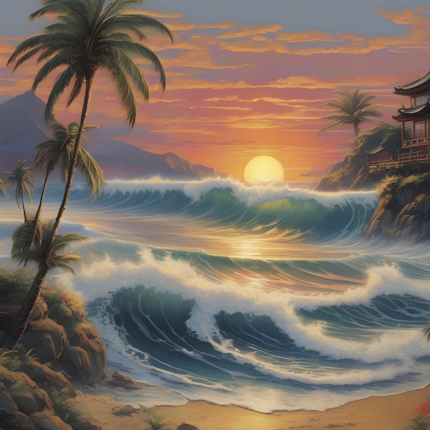 PSD pittura in stile tradizionale giapponese dell'oceano e delle belle onde al tramonto