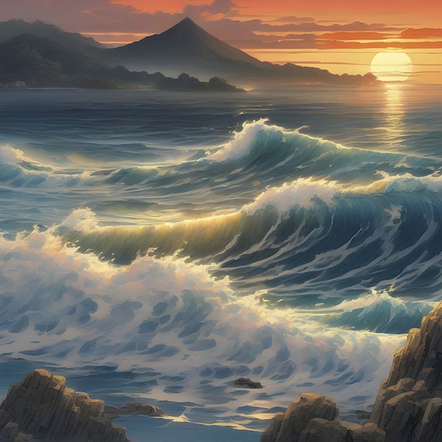 PSD pittura in stile tradizionale giapponese dell'oceano e delle belle onde al tramonto