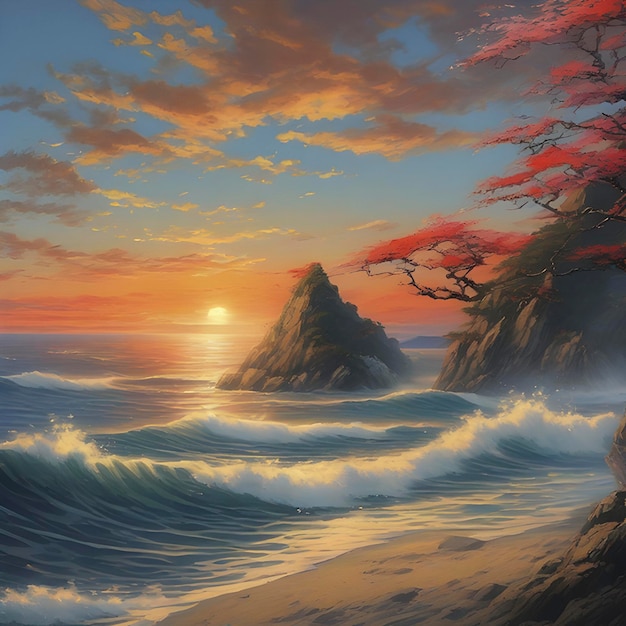 PSD traditional japanese style painting of the ocean and beautiful waves at sunset