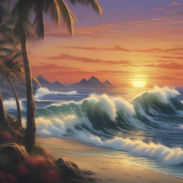 PSD traditional japanese style painting of the ocean and beautiful waves at sunset