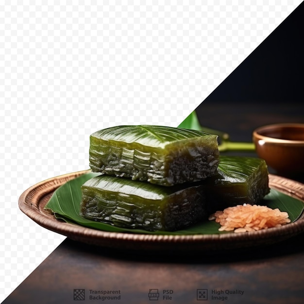 Traditional javanese cake wrapped in banana leaves served on transparent background plate