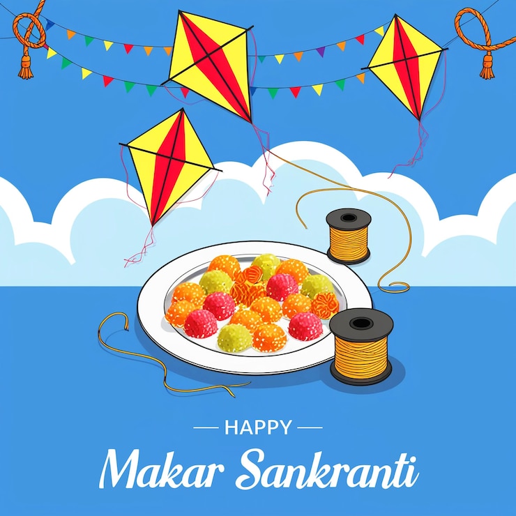 PSD traditional makar sankranti greetings with colorful kites