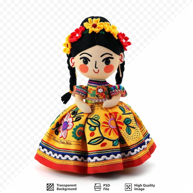 Traditional mexican doll belonging to the otomi ethnic group the doll wears a yellow traditional handmade clothing beautiful mexican doll called donxu isolated toy on a white isolated backgroun