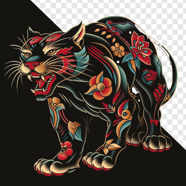 Traditional panther tattoo style design on black