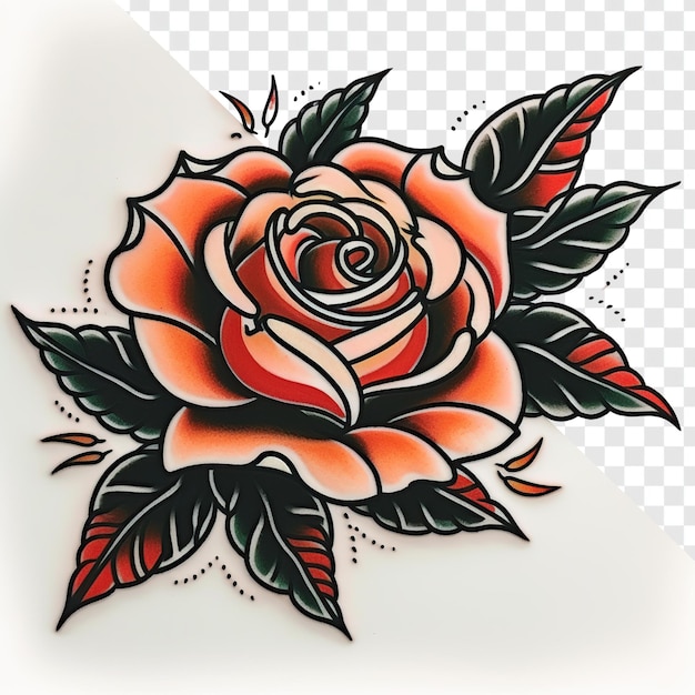 PSD arte tradizionale del tatuaggio della rosa con colori a linea nera