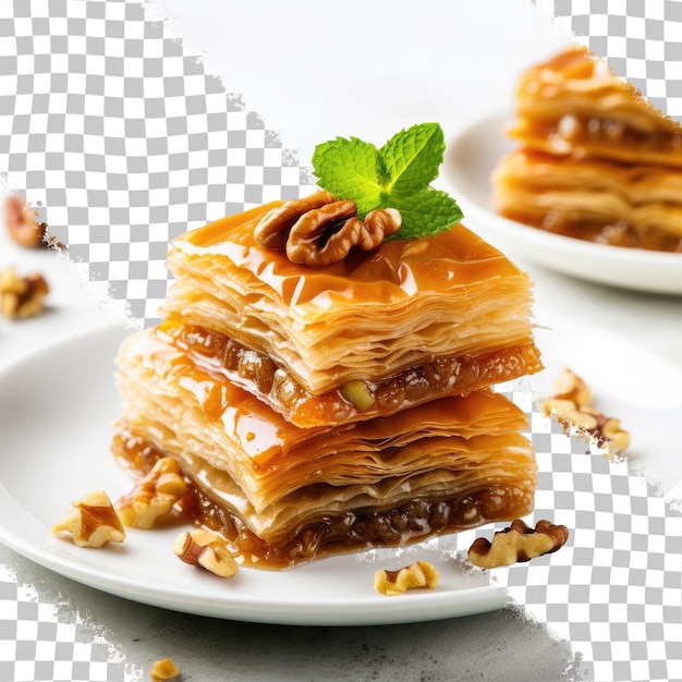 Baklava, dessert tradizionale turco fatto con miele di noci su uno sfondo bianco trasparente