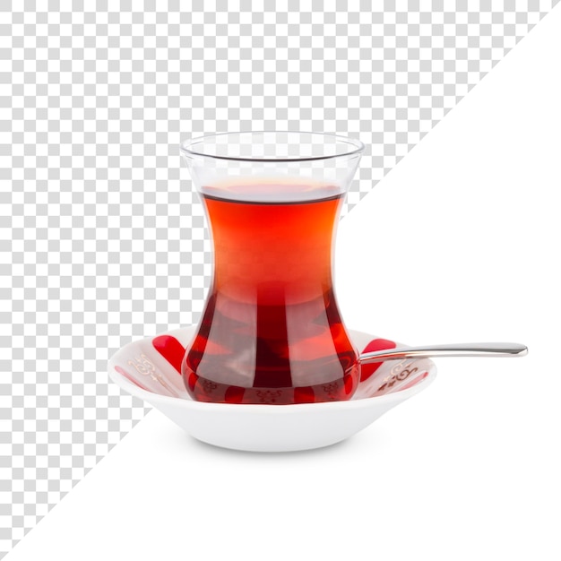 PSD traditional turkish tea and red speckled plate transparent background