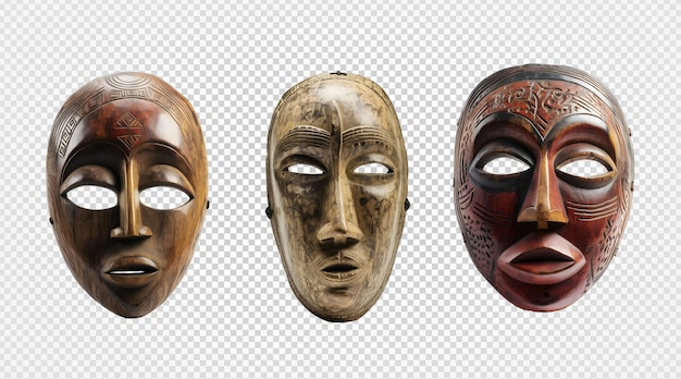 Традиционная деревянная племенная маска, изолированная на прозрачном фоне, генеративный ай