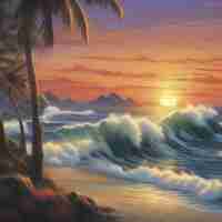 PSD traditionele japanse schilderij van de oceaan en prachtige golven bij zonsondergang