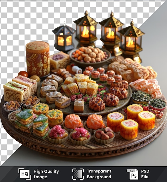 PSD tradycyjne desery eid al-fitr wystawione na drewnianym talerzu z zapaloną świecą na szarej i białej ścianie