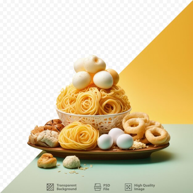 PSD tradycyjne jedzenie wykonane z makaronu, jaj i mąki podawane jako przekąski lub smażone przysmaki na przezroczystym tle