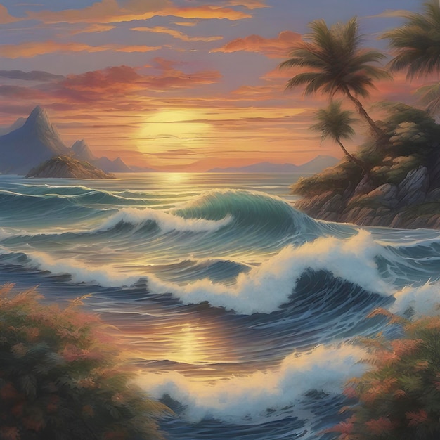 PSD tradycyjny japoński obraz oceanu i pięknych fal przy zachodzie słońca