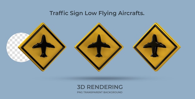 PSD traffic sign low flying aircrafts 3d rendering transparent background