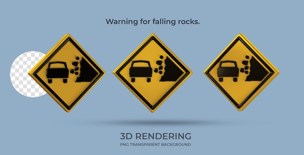 Traffic sign warning for falling rocks 3d rendering transparent background