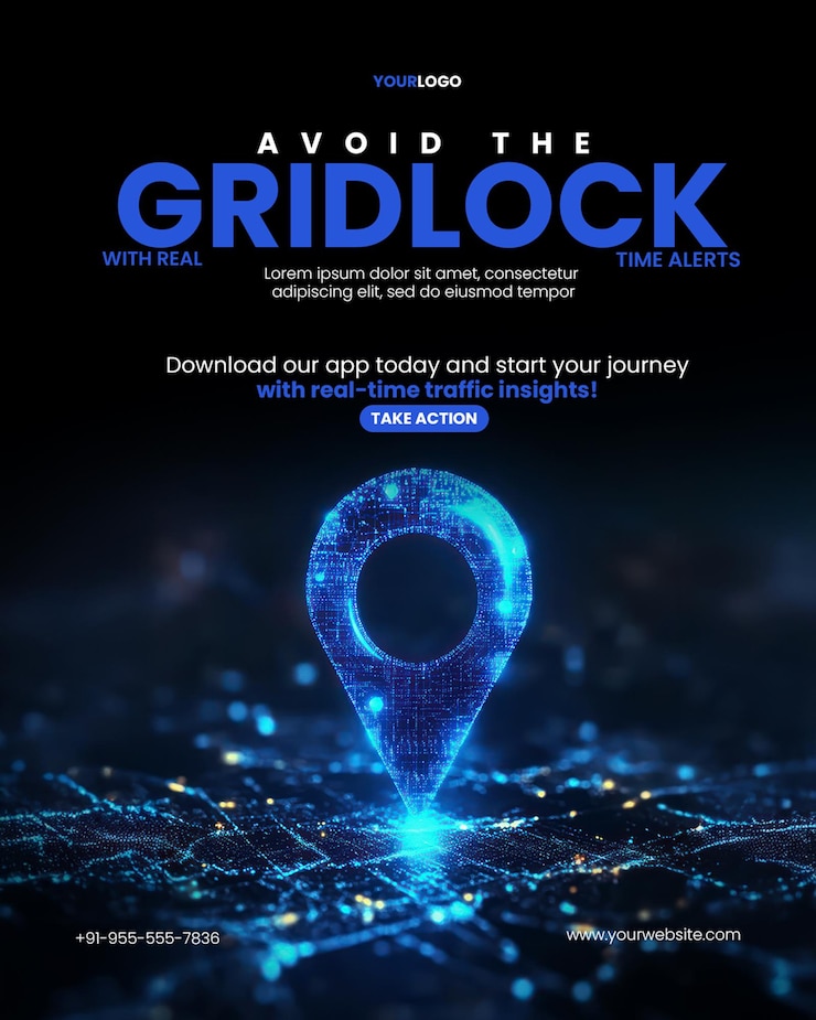 PSD traffic stream traffic monitoring poster template with a glowing blue location pin icon made of illuminated data points on a dark background