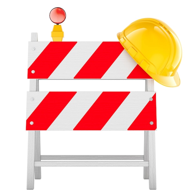 Traffic wooden safety barricade with construction hard hat 3D rendering isolated on transparent background
