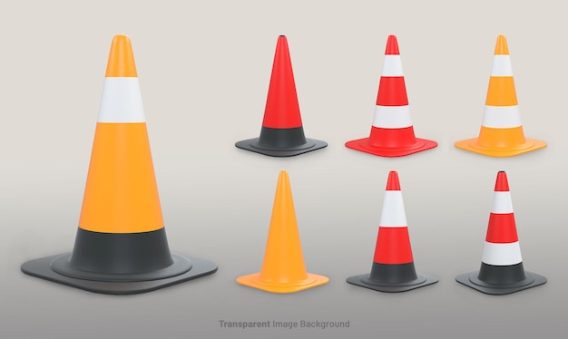 Trafic road cones collection with a stripe on an isolated transparent image background 3d rendering