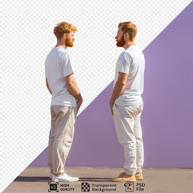PSD allenamento in natura due uomini uno con una barba rossa e marrone in piedi di fronte a un muro viola l'uomo a sinistra indossa una camicia bianca e pantaloni mentre l'uomo png
