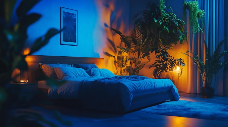 PSD tranquil bedroom with plants warm and cool lighting