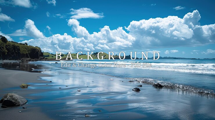PSD tranquil black sand beach with rolling waves and a sunny sky