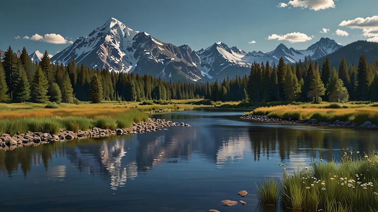 PSD tranquil mountain reflection by the river