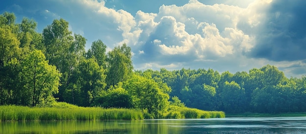 Tranquil River Scene with Lush Greenery and Dramatic Clouds