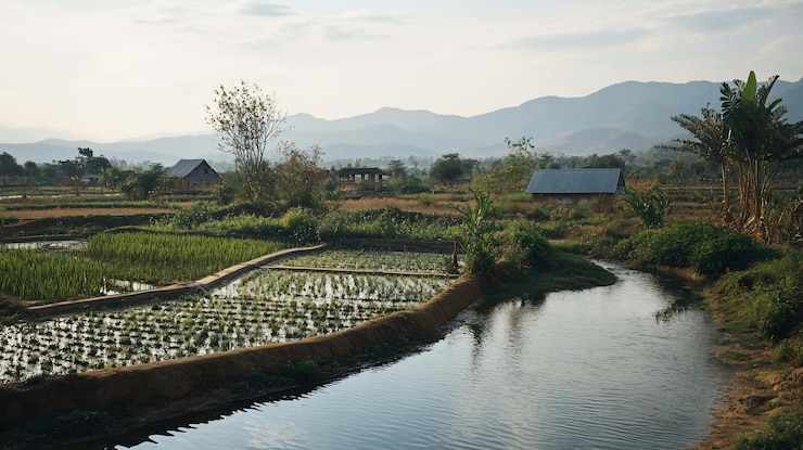 PSD tranquil rural landscape with paddy fields irrigation channels and small houses nestled amidst lush greenery reflecting in a calm waterway with distant mountains
