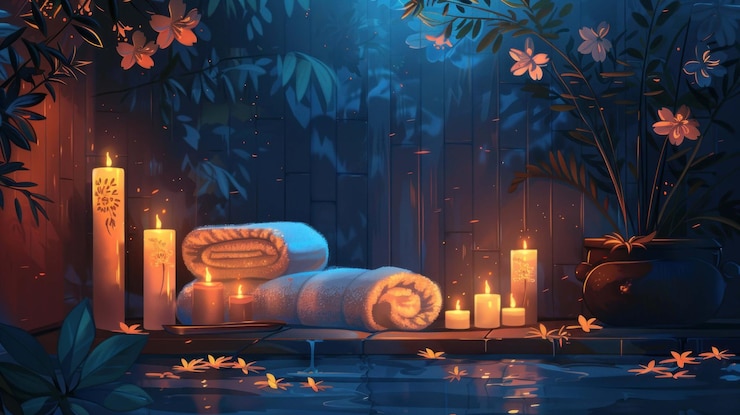 PSD a tranquil spa setting with lit candles white towels and a small pool of water surrounded by lush greenery