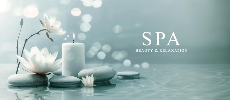 PSD tranquil spa setup with water lily candle and stones