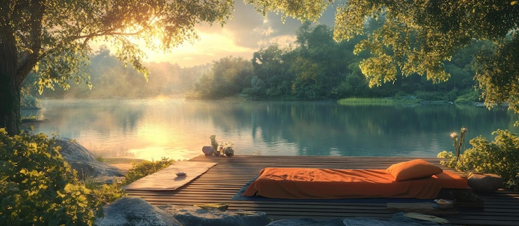 PSD tranquil sunrise scene with a wooden platform overlooking a lake in a lush forest
