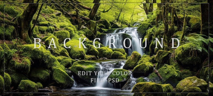 PSD tranquil waterfall in a lush green forest