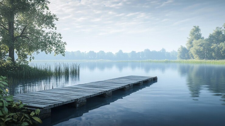 PSD tranquil wooden dock on a serene lake at dawn surrounded by lush greenery