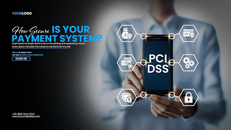 PSD transaction monitoring payment gateway banner template with a businessman shows a smartphone with pci dss text and icons