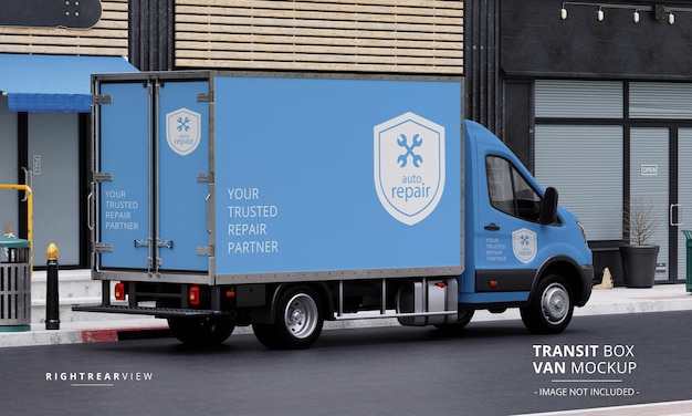 Transit Box Van Mockup On The Street from Right Rear View