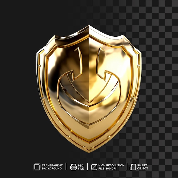 Translucent Golden Metallic Shiny Shield 3D Render on Gradient Textured Background