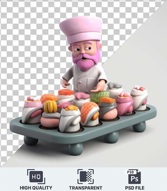PSD transparant object 3d sushi chef cartoon die een sushi schotel bereidt