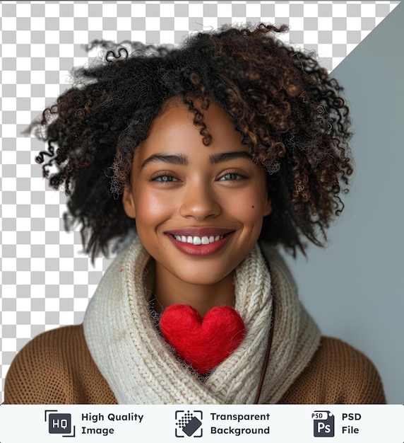 PSD transparant object aantrekkelijke glimlachende afrikaans-amerikaanse vrouw met een rood hart in haar haar draagt een witte sjaal met bruine en blauwe ogen een kleine neus en zwarte wenkbrauwen staat voor een