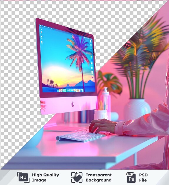 PSD transparant object bureau met computer hand en plant vaas omringd door roze muur