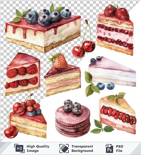 PSD transparant object een aquarel clipart set van cakes en cake slices lemstrawberry en kersen cakes vergezeld van een rode aardbeien en groen blad op een transparante achtergrond